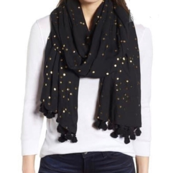 NWT Kate Spade Confetti Dot Foil Scarf Black Gold Metallic oblong fringe - Picture 1 of 7